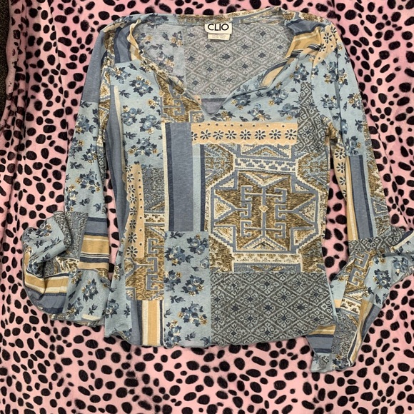 Clio Tops - Clio Women's Blue and Gold Geometric Blouse